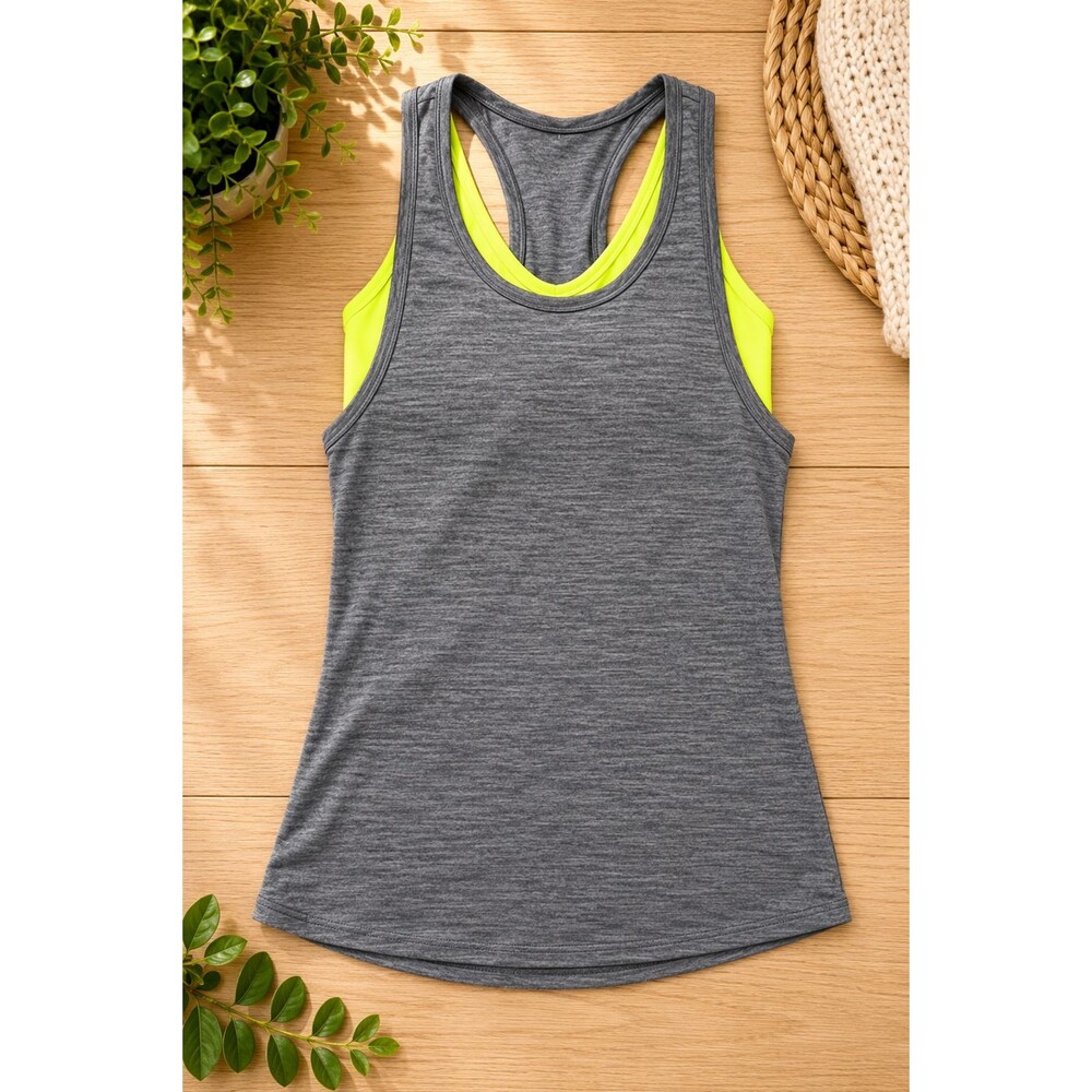 Lululemon Athletica Razorback Tank Top Gray Neon Yellow Built In Bra Women's 8